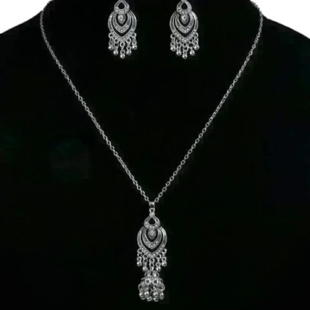 New Silver Boho Set, Statement Necklace and Earrings, Vintage Style